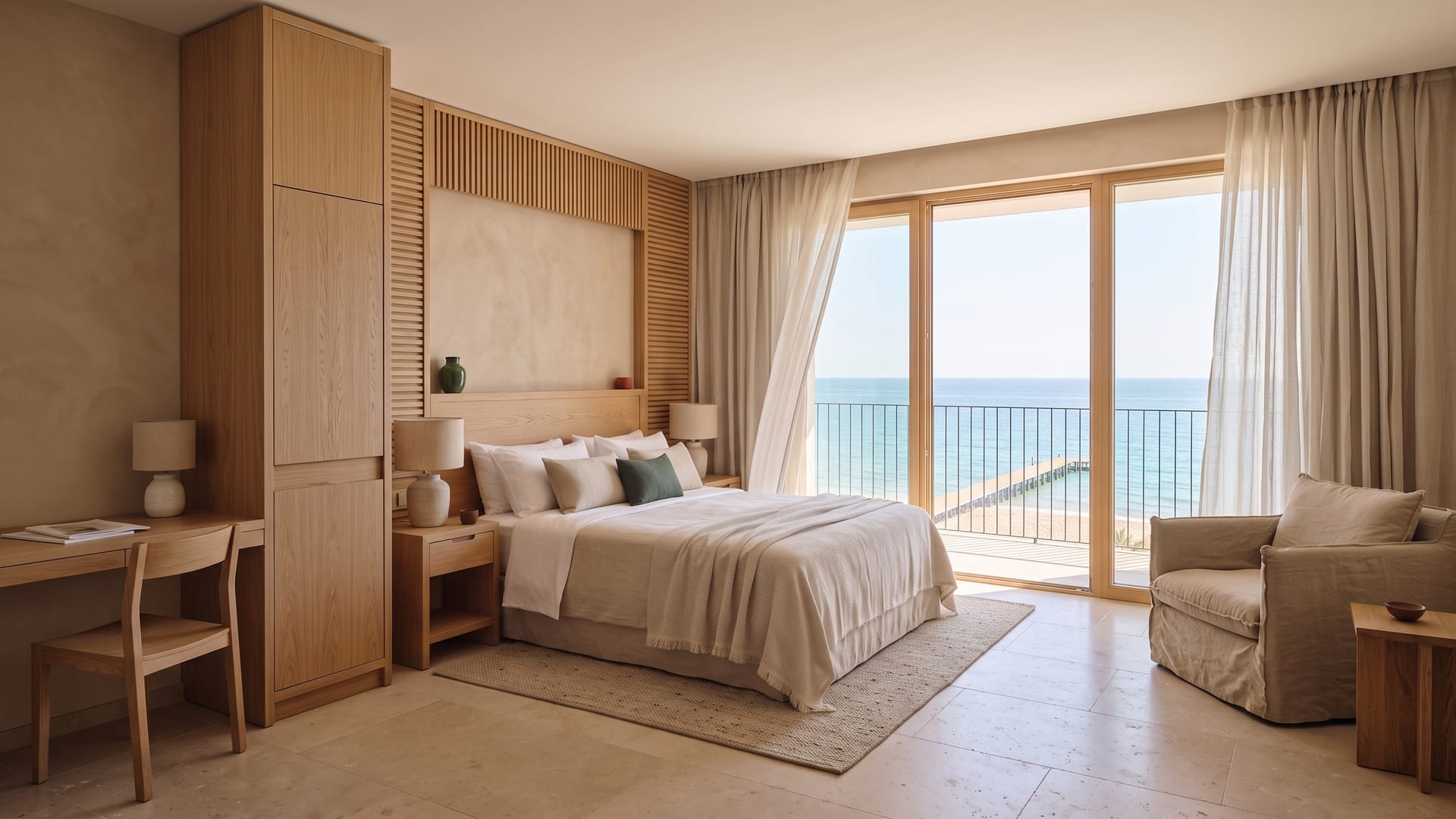 Wide view of the room: desk, armchair, balcony and the sea horizon