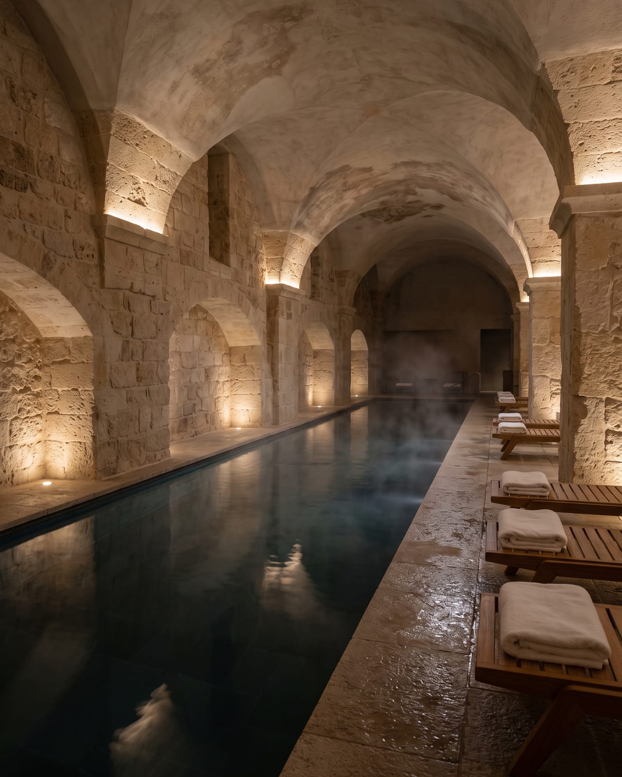 Taş tonozlu kapalı spa havuzu, loş ışık ve buhar