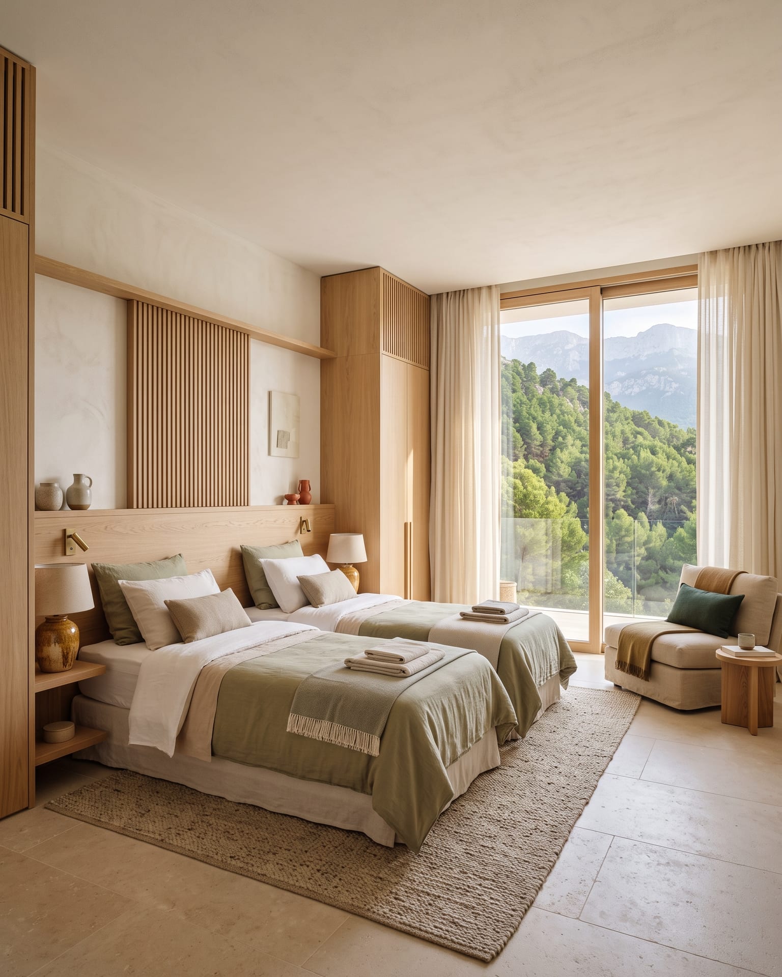 Forest View Room: twin beds and the pine slope