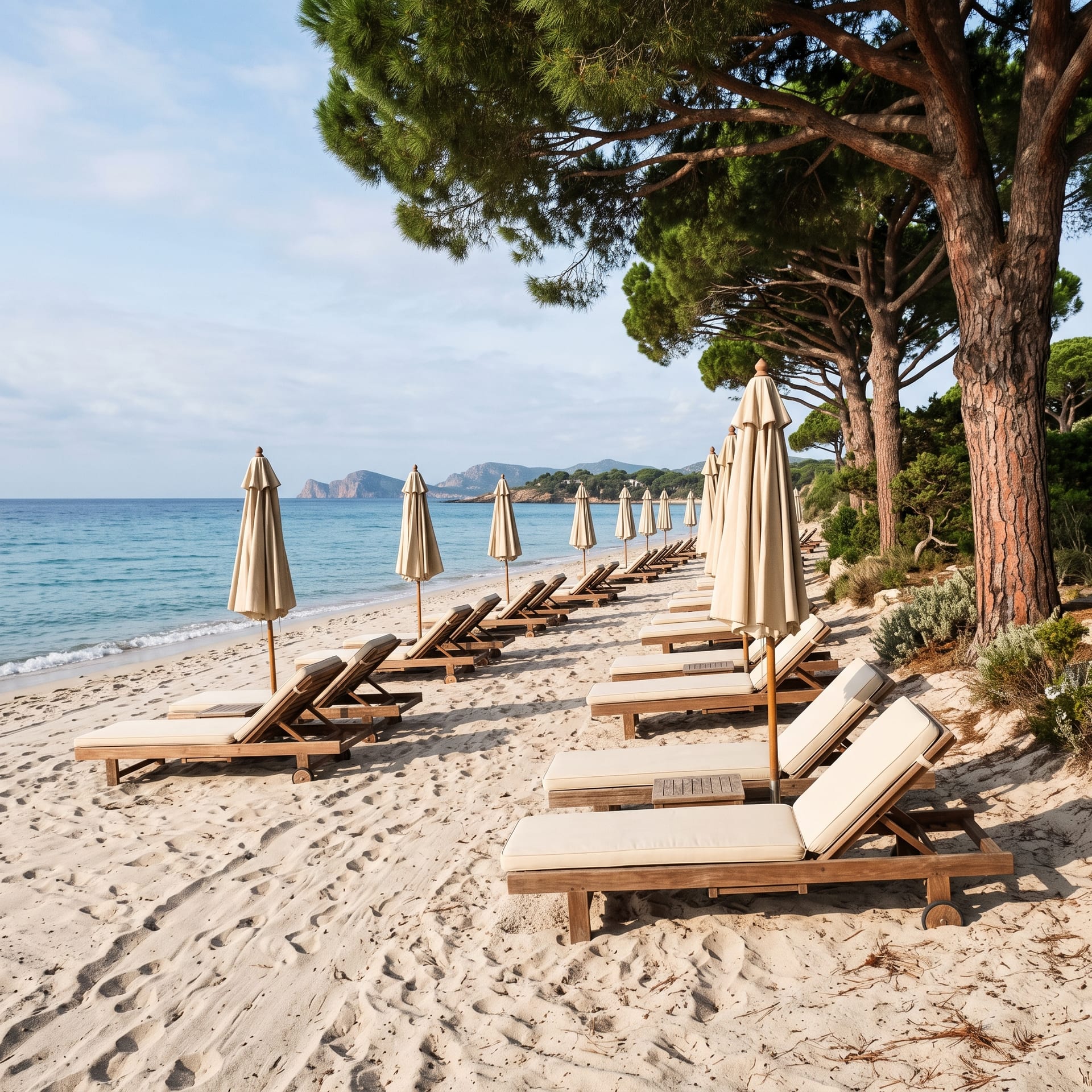 Loungers under parasols and fine sand
