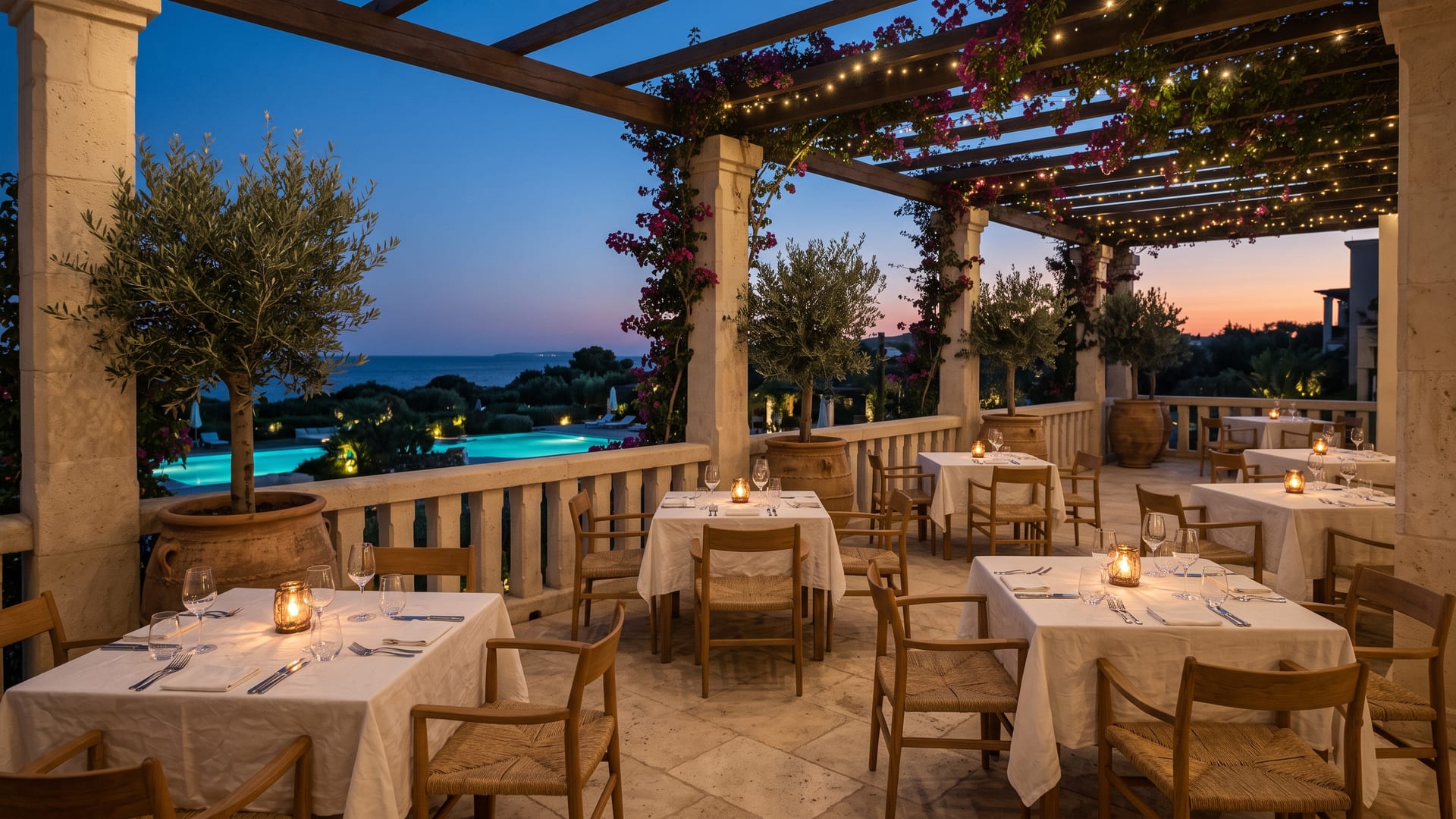 Havuza ve denize bakan pergolalı restoran terası